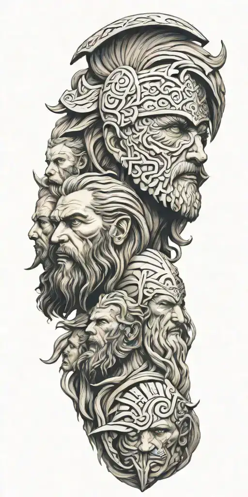 sculpture Tyr, Odin Thor, Frigg, Máni, Sól faces merged together tattoo design idea