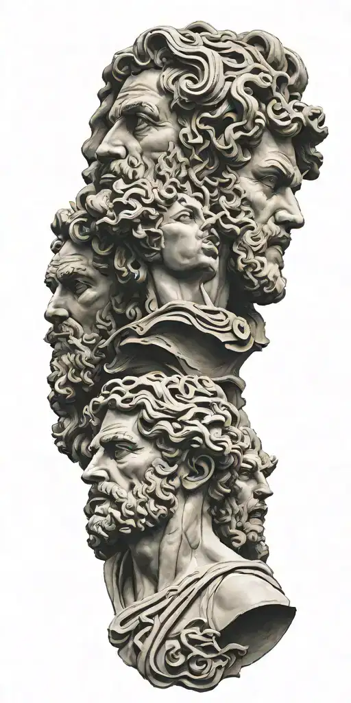 greek gods sculpture faces merged together tattoo design idea