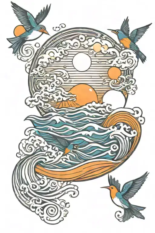 waves birds 3d sun rising tattoo design idea