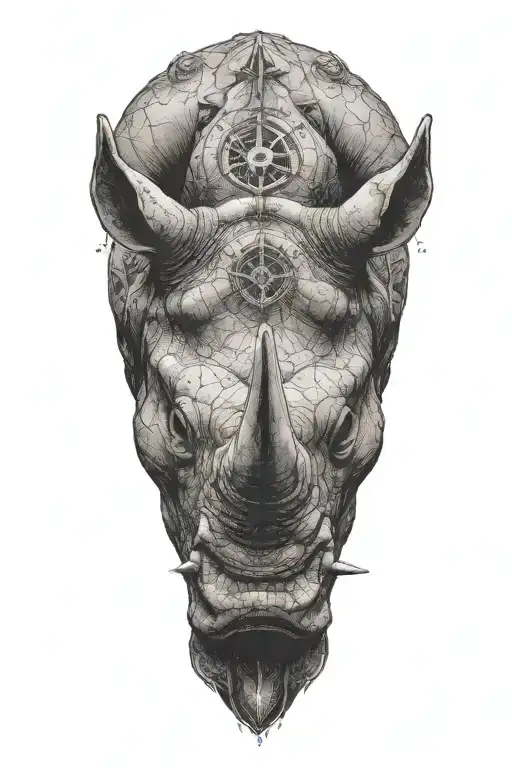 Rhinocerous bust cracked, his horn sharpened, a pentagram on his forehead, and a protective "Evil Eye" tattoo design idea