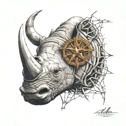Rhinocerous bust cracked, its horn point sharpened, a fierce look, and eyes of the protective "Evil Eye", and pentagram. tattoo design idea