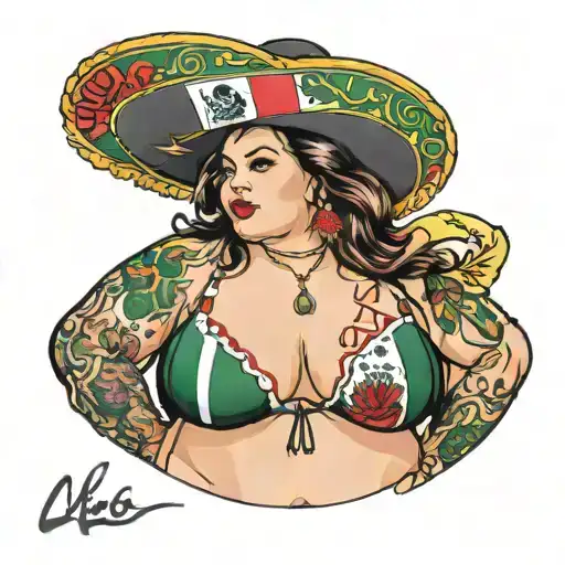 BBW Model Wearing A Mexican Flag Bikini and On the Bikini write QOS on it tattoo design idea
