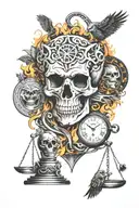 combine music with skull, owl, fire, justice scales, and heart or lion for courage. tattoo design idea