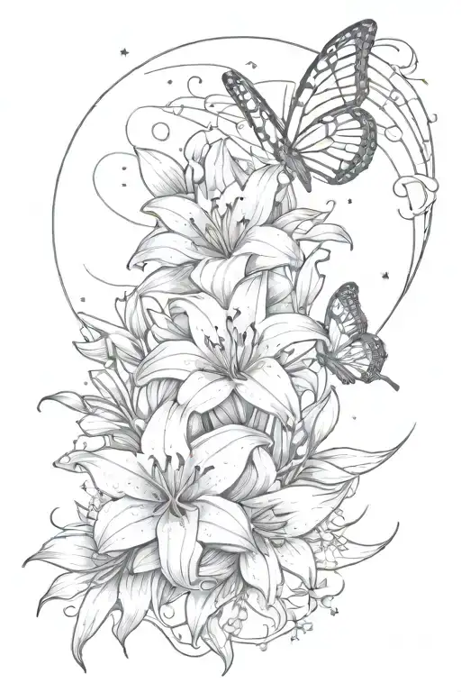 space, butterfly, moon, stars, lilies tattoo design idea