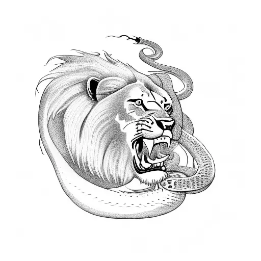 American Traditional style, full body lion eating a snake, shaded, meant for upper arm tattoo design idea