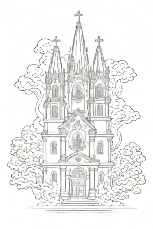 catholic church burning in fire style drawn only lines tattoo design idea