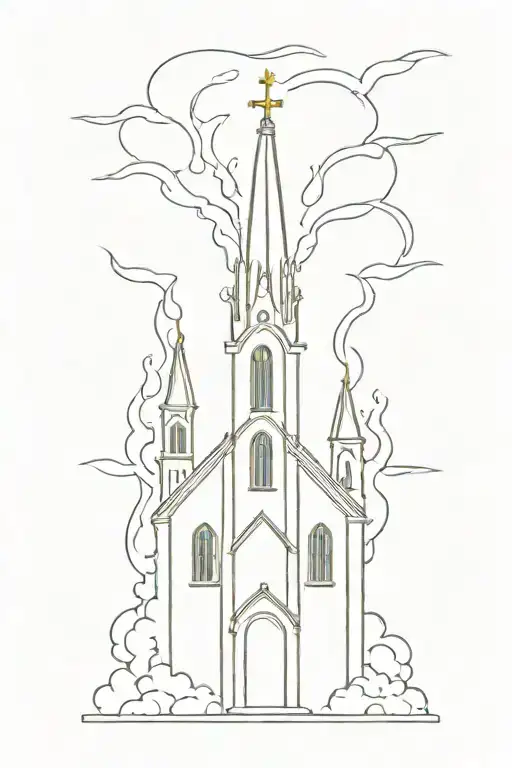 catholic church burning in fire style drawn only lines tattoo design idea