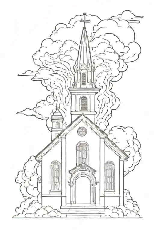 tattoo style art of a catholic church on fire, line drawing style without shading and without pointillism tattoo design idea