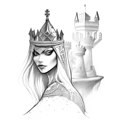 chess queen with shadow of castle and bishop tattoo design idea