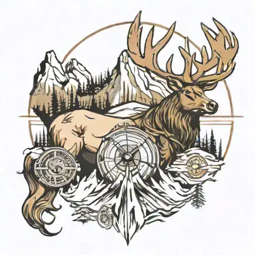 mountain, compass, horse, elk, dog  tattoo design idea
