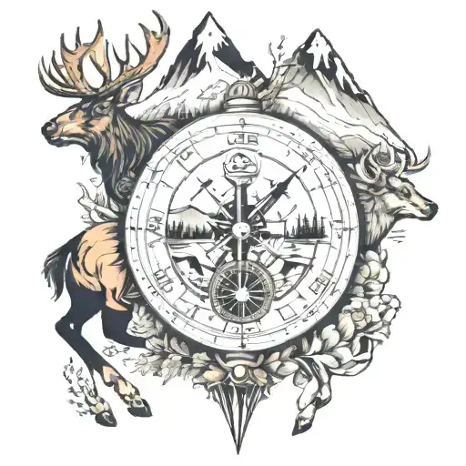 a compass with one horse,  one elk, mountains and three dogs  tattoo design idea