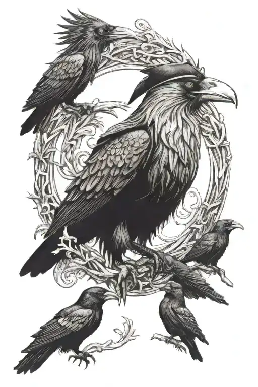 Odin with bearskin hat and two ravens Huginn and Muninn tattoo design idea