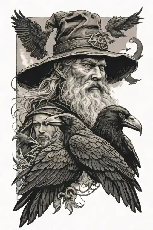 Odin with bearskin hat and two ravens flying towards tattoo design idea