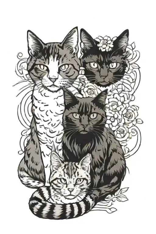 2 black cats, a grey and white tabby cat, orange tabby cat, long haired dilute tabbico cat and tortoiseshell cat, witchy tattoo design idea