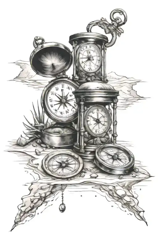 camping and sand clock and compass  tattoo design idea