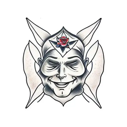 theater broken mask smiling and crying with an angel halo above his head tattoo design idea