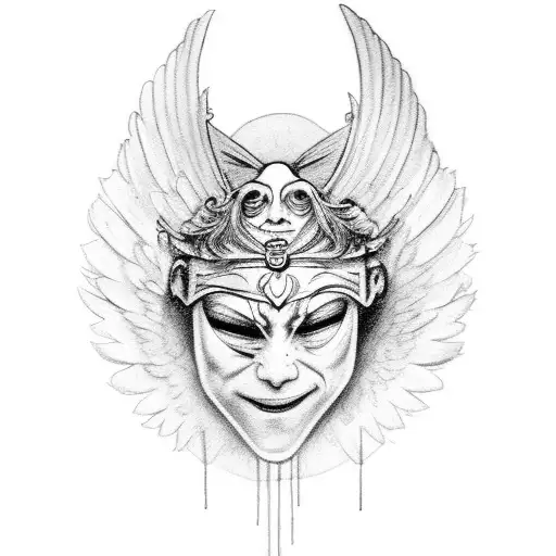 theater broken mask smiling and crying with an angel halo above his head and tears falling tattoo design idea