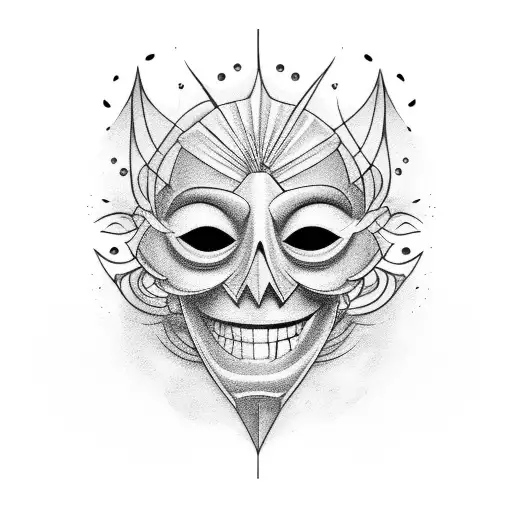 theater broken mask smiling and crying and tears falling tattoo design idea