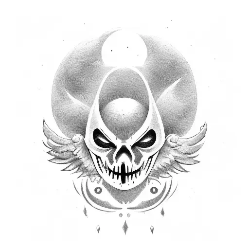 white background, minimalist, tattoo design, left half of a mask, one crying eye, evil horn,  angel halo above head, one tattoo design idea