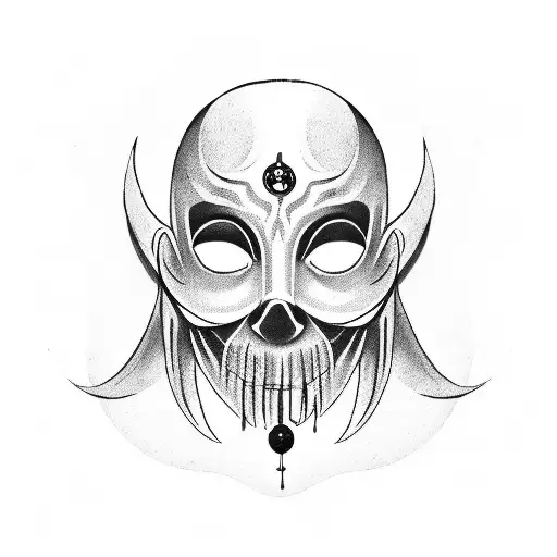 human mask,  left half of a mask, one crying eye, evil horn,  angel halo above head, one tear dropping under the mask, c tattoo design idea