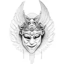 theater broken mask smiling and crying with an angel halo above his head and tears falling tattoo design idea