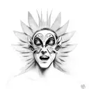 theater broken mask smiling and crying with an angel halo above his head and tears falling tattoo design idea