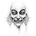 theater broken mask smiling and crying with an angel halo above his head and tears falling tattoo design idea