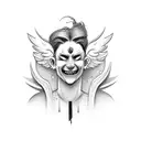 theater broken mask smiling and crying with an angel halo above his head and tears falling tattoo design idea