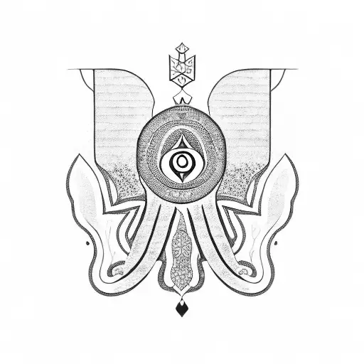 Hamsa Symbol with hiden inside Nazar boncuk, tree, elephant tattoo design idea