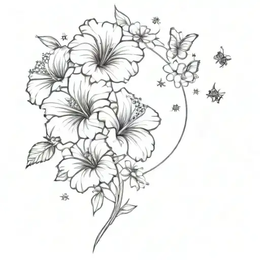 a fine line vertical bouquet of hibiscus flowers under the moon and stars (celestial) surrounded by bees or butterflies  tattoo design idea