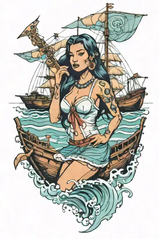pin up Pocahontas on ship with Japanese water art style tattoo design idea