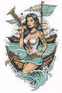 pin up Pocahontas on ship with Japanese water art style tattoo design idea
