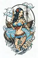 pin up Pocahontas on ship with Japanese water art style tattoo design idea