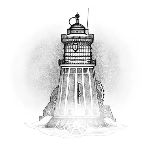 A dotwork design of a lighthouse surrounded by gears and propellers, symbolizing the guiding force in the client's life and their connection to motors tattoo design idea