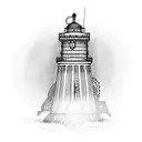 A dotwork design of a lighthouse surrounded by gears and propellers, symbolizing the guiding force in the client's life and their connection to motors tattoo design idea