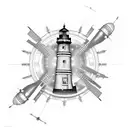 A dotwork design of a lighthouse surrounded by gears and propellers, symbolizing the guiding force in the client's life and their connection to motors tattoo design idea