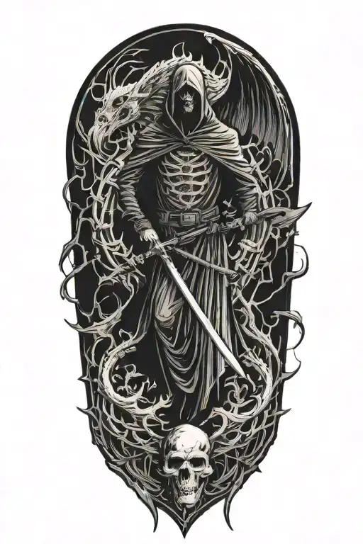 Grimm Reaper and crow with a dragon tattoo design idea