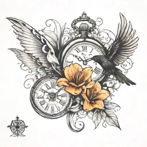 half sleeve tattoo featuring a pocket watch with 10:23 as the time, a raven, dragonfly(s), calla lily(s), skull tattoo design idea