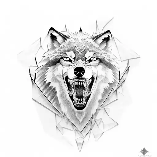 glass shards, wolf with teeth tattoo design idea