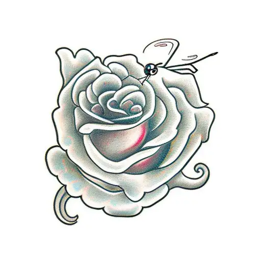 rose and flying dragonfly tattoo design idea