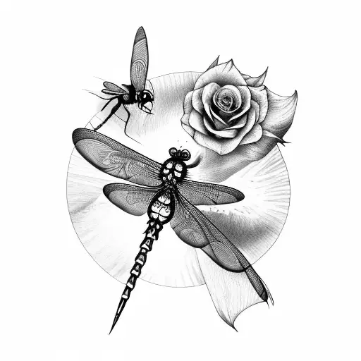 rose and flying dragonfly tattoo design idea