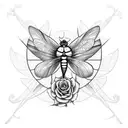 rose and flying dragonfly tattoo design idea