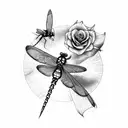 rose and flying dragonfly tattoo design idea