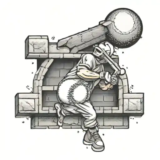 A dotwork tattoo of a baseball breaking through a brick wall with the Phillies logo on it tattoo design idea