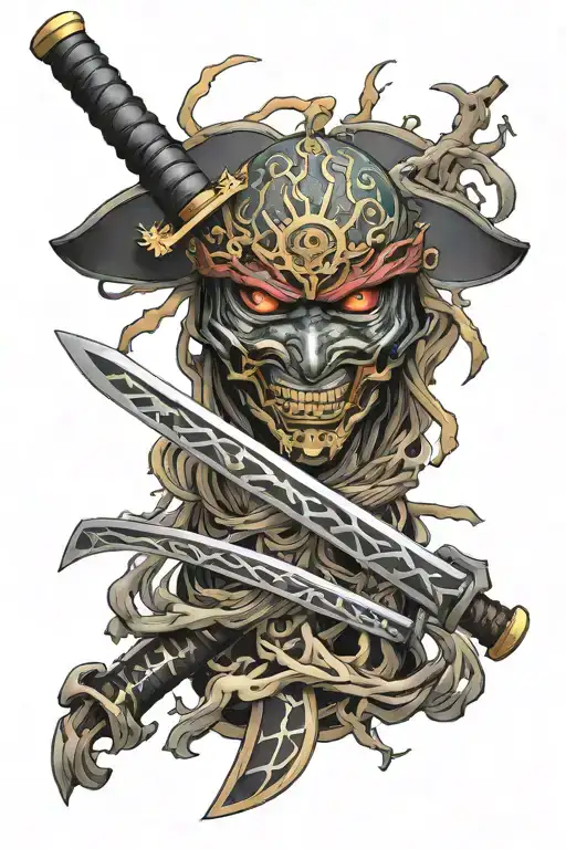 Japanese katana with an eye inside and wrapped in lightning tattoo design idea
