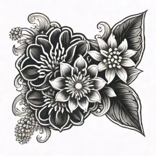 An intricate mandala design with Chrysanthemum Flower, Snow Drop Flower, and Lily Of The Valley Flower motifs tattoo design idea
