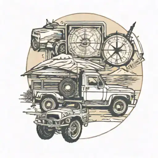 Map, road, compass, journey, truck,  4x4, sun, 80's, music  tattoo design idea