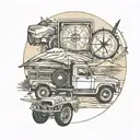Map, road, compass, journey, truck,  4x4, sun, 80's, music  tattoo design idea