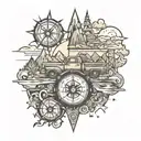 Map, road, compass, journey, truck,  4x4, sun, 80's, music  tattoo design idea