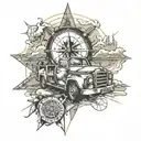 Map, road, compass, journey, truck,  4x4, sun, 80's, music  tattoo design idea